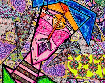 May include: Abstract painting of a face with a blue, orange, and pink color scheme. The face is surrounded by geometric shapes and patterns in various colors, including green, yellow, and purple. The painting is signed and dated "2023".