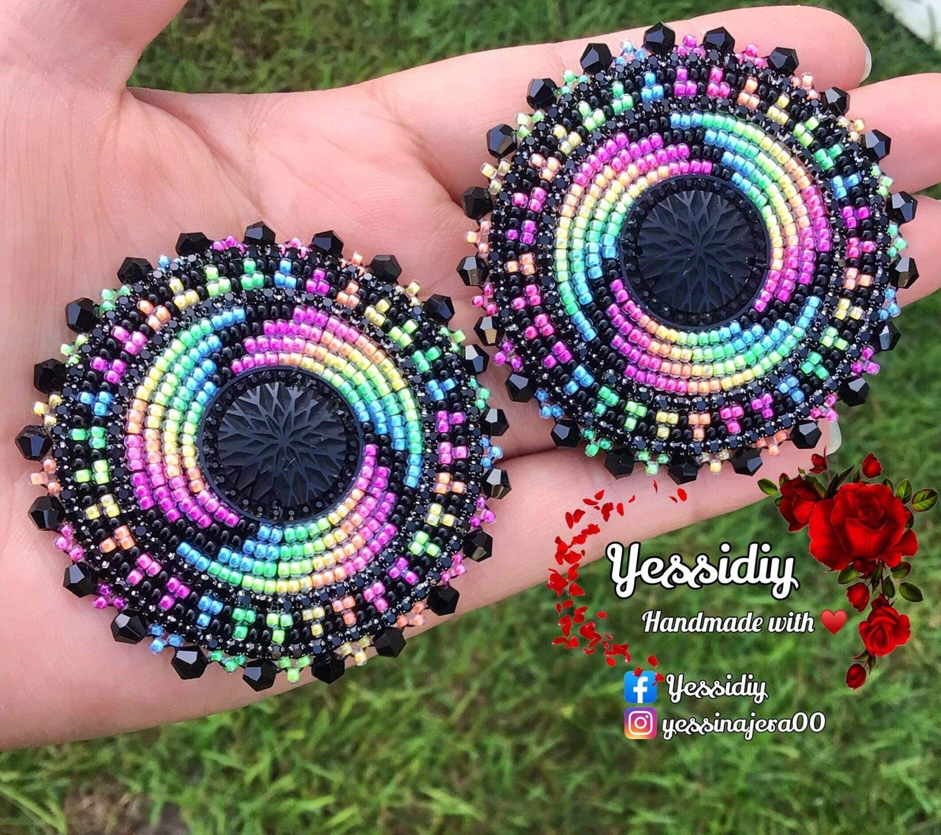 Handmade Round Black Neon Beaded Earrings Etsy