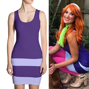 Daphne Purple Dress Striped Halloween Costume Women Cosplay Running Skirt Fitted Bodycon Tank Character Outfit Party Marathon Spandex Gift