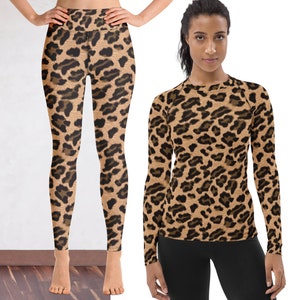 Leopard Print Athletic Costume Women Halloween Yoga Leggings Rash Guard Shirt Animal Print Running Safari Cat Activewear Party Spandex
