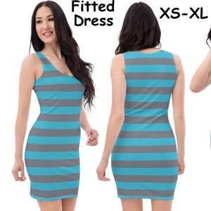 Blue Gray Striped Cheshire Cat Dress Woman Cosplay Costume Halloween Bodycon Fitted Spandex