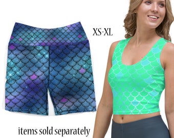 Princess Ariel Mermaid Yoga Shorts Crop Top Women Halloween Running Costume Fish Skin Scales Cosplay Activewear Workout Outfit