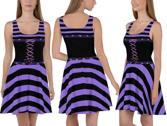 Witch Halloween Women Striped Skater Dress Costume Purple Black Spandex Cosplay Villain Running Activewear Party Etsy Canada