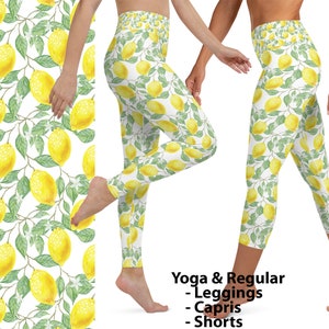 Op de afbeelding: Witte leggings met een citroenprint. De leggings zijn verkrijgbaar in yoga, regular, capri en korte lengtes. Yoga & Regular - Leggings - Capris - Shorts