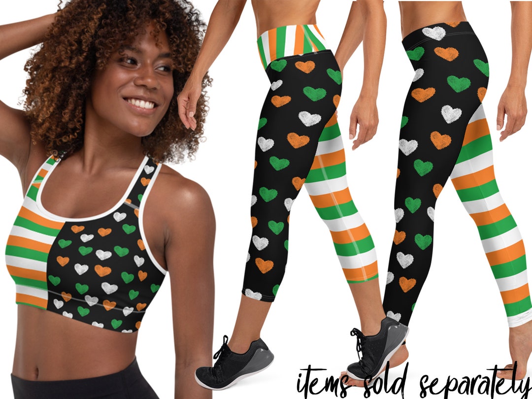 St Patrick's Workout Outfit Women Yoga Leggings Irish Flag Hearts Pants Sports  Bra Capris Costume Running Activewear 