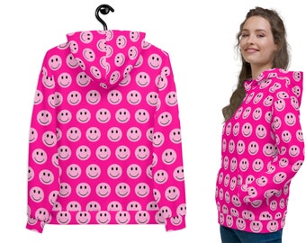 Smiley Face Hoodie Emoji Pink Unisex Fleece Shirt Pullover Party Outfit Fun Sweatshirt Happy Mood Gift