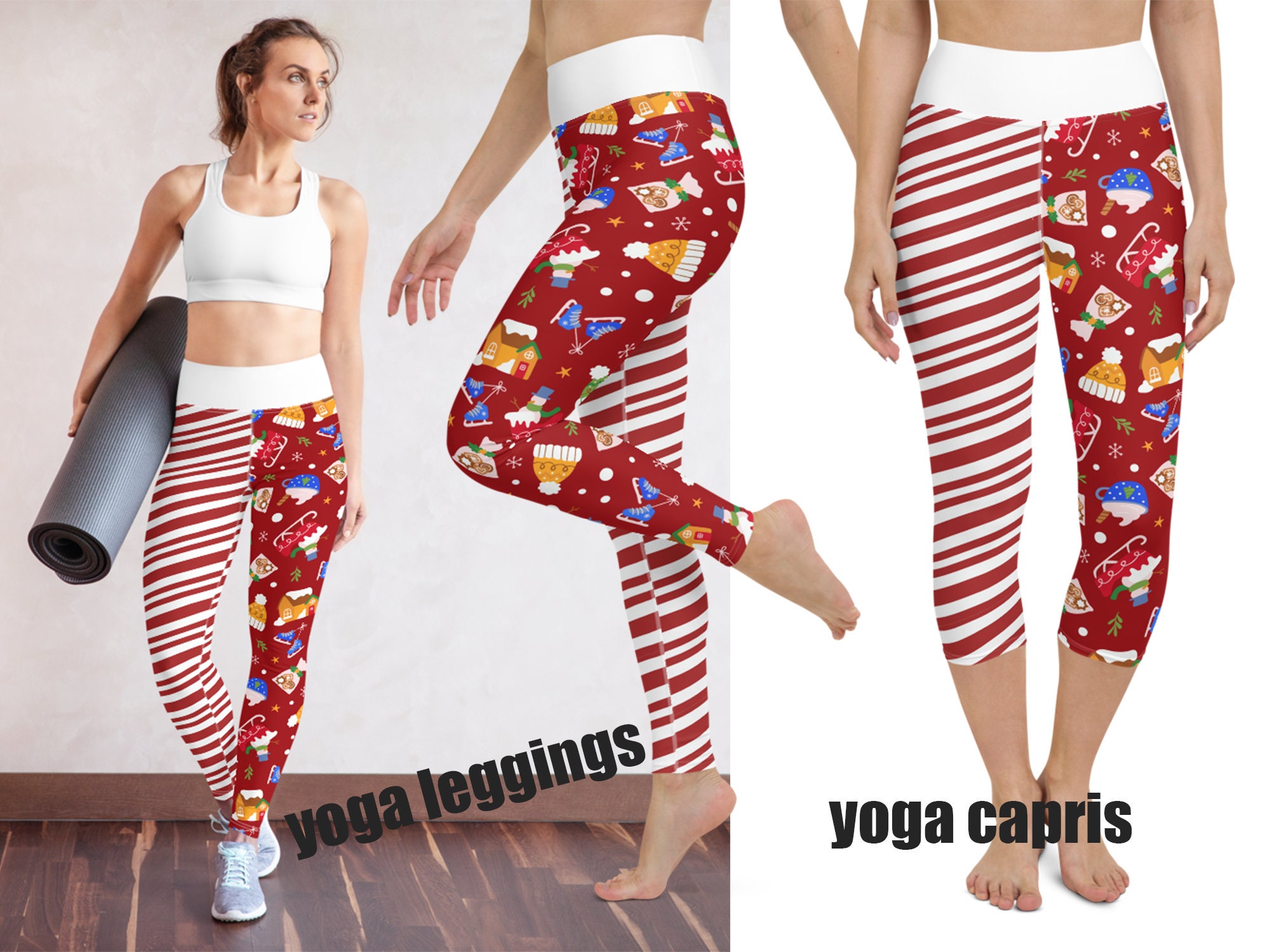 Candy Cane Christmas Workout Leggings Striped Yoga Women Gift Festive  Running Peppermint Fitness Outfit Pants Cute Winter Elf Activewear 