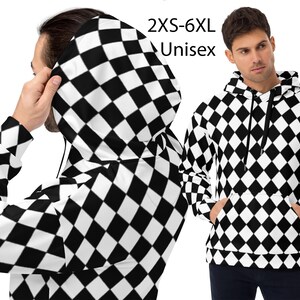 May include: Black and white checkered hoodie with a diamond pattern. The hoodie has a drawstring hood and a kangaroo pocket. The text "2XS-6XL Unisex" is printed on the image.
