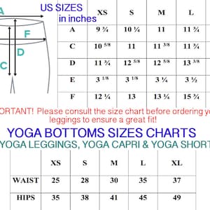 Op de afbeelding: Een maattabel voor yogabroek, inclusief leggings, capris en shorts. De tabel toont de maten in inches voor taille en heupen in de maten XS, S, M, L en XL.