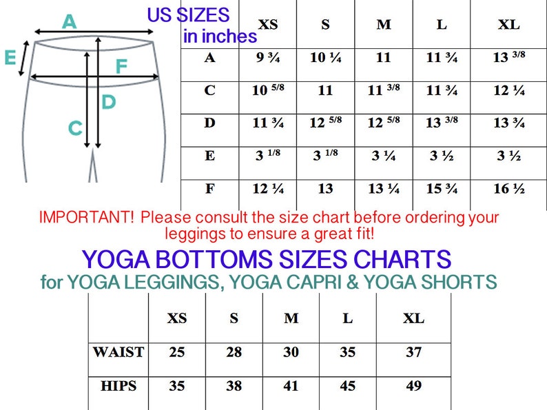 Op de afbeelding: Een maattabel voor yogabroek, inclusief leggings, capris en shorts. De tabel toont de maten in inches voor taille en heupen in de maten XS, S, M, L en XL.