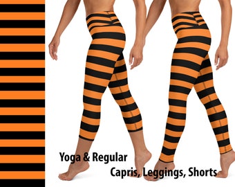 Orange Black Witch Striped Yoga Leggings Halloween Athletic Pants Women Activewear Capris Running Cosplay Party