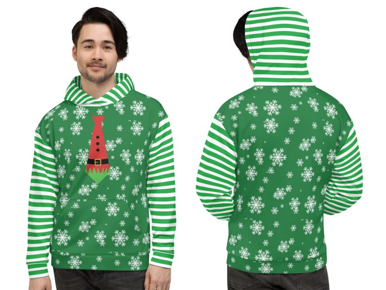 Christmas Elf Tie Hoodie Unisex Gift Snowflakes Striped Fleece | Etsy