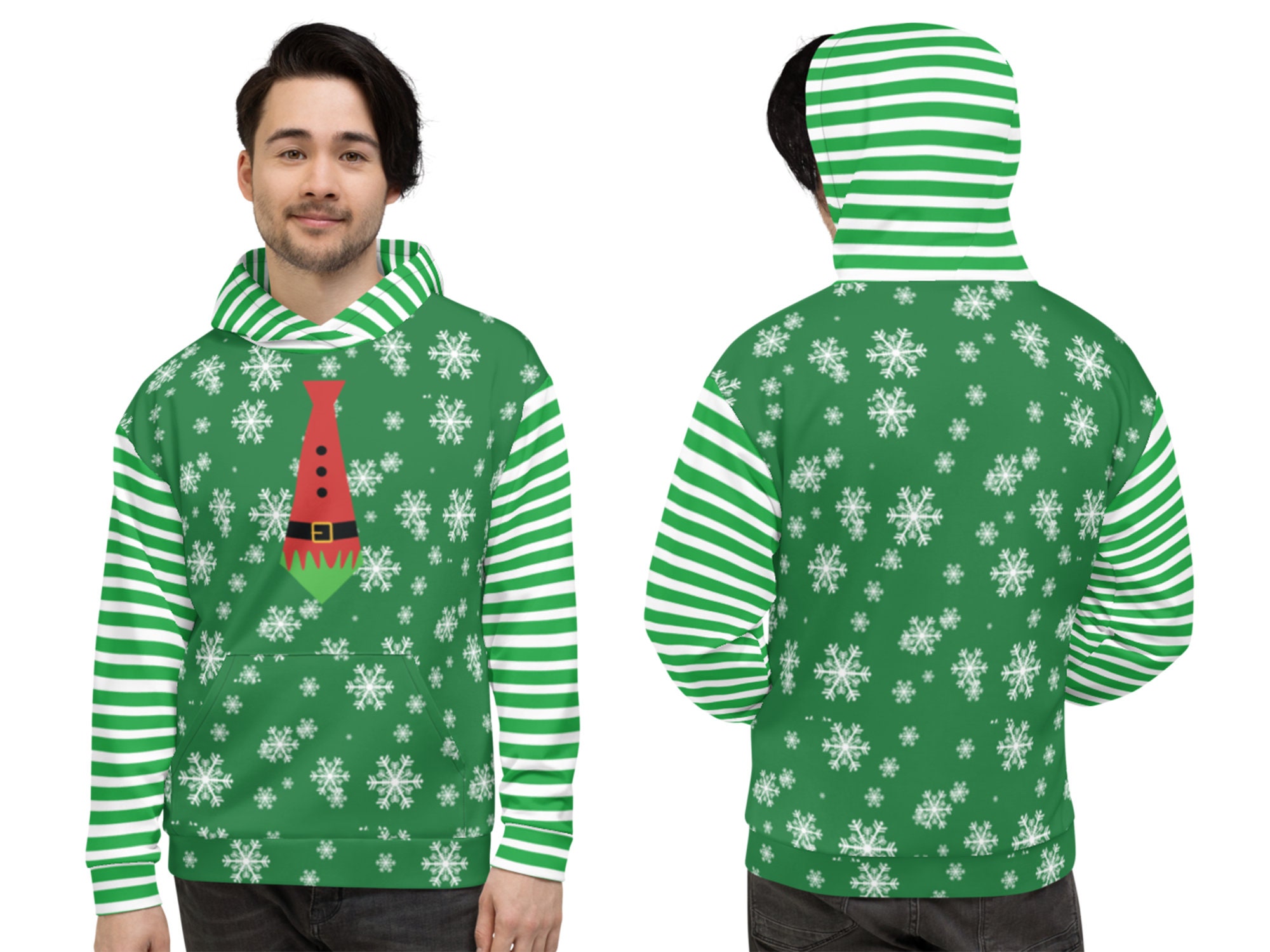 Christmas Elf Tie Hoodie Unisex Gift Snowflakes Striped Fleece - Etsy