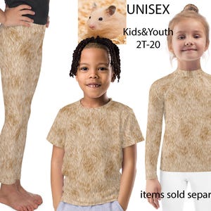 Beige Furry Print Kids Halloween Costume Hamster Animal Leggings Cat Dog Activewear Pants Cosplay Children Rash Guard Shirt Birthday Party