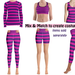 Striped Pink Purple Halloween Cat Costume Women Yoga Leggings Rash Guard Shirt Running Cosplay Activewear Birthday Party