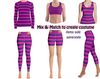 Cheshire Cat Costume Women Halloween Cosplay Striped Pink Purple Shirt Pants Yoga Leggings Rash Guard Running Workout Activewear Top Party