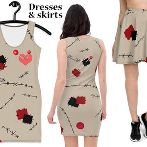 Voodoo Puppe ausgestattet Kleid Frauen Halloween Cosplay Kostüm Bodycon Patchwork Hexe Stoffpuppe Outfit Party Geschenk Spandex