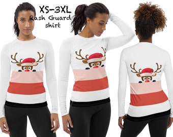 Reindeer Christmas Rash Guard Shirt Women Athletic Top Surfing Workout Activewear Party Gift Cute