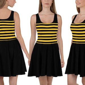 Bumble Bee Gelb Schwarz Gestreift Skater Kleid Frauen Kostüm Halloween Cosplay Spandex