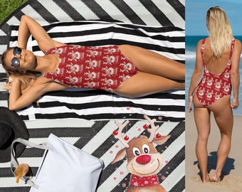 Reindeer Women Christmas Gift Swimsuit Beach Costume Bathing Red Nosed Deer Spandex One Piece Gift Idea For Her Ugly Sweater Cute