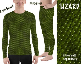 Green Lizard Dragon Scales Print Costume Men Athletic Rash Guard Shirt Meggings Cosplay Halloween Outfit Reptilian Surfing Activewear