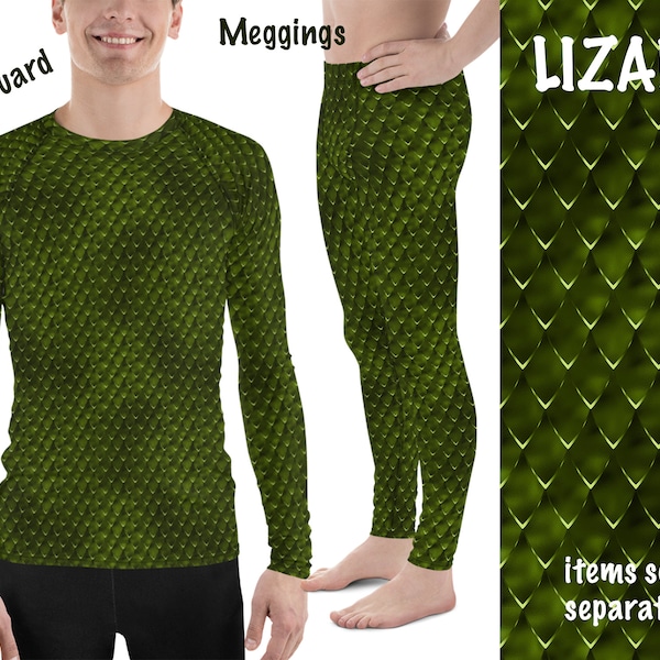 Green Lizard Dragon Scales Print Costume Men Athletic Rash Guard Shirt Meggings Cosplay Halloween Outfit Reptilian Surfing Activewear