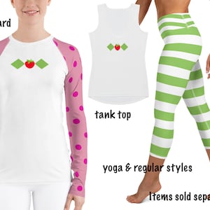 Strawberry Shortcake Athletic Women Costume Rash Guard Shirt Yoga Capris Polka Dot Running Striped Cosplay Activewear Workout Fruit Outfit