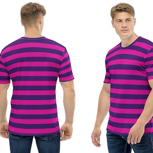 Gestreepte Roze Paarse Kat Mannen T-shirt Halloween Kostuum Shirt Top Cosplay Marathon Running Party Outfit Cadeau