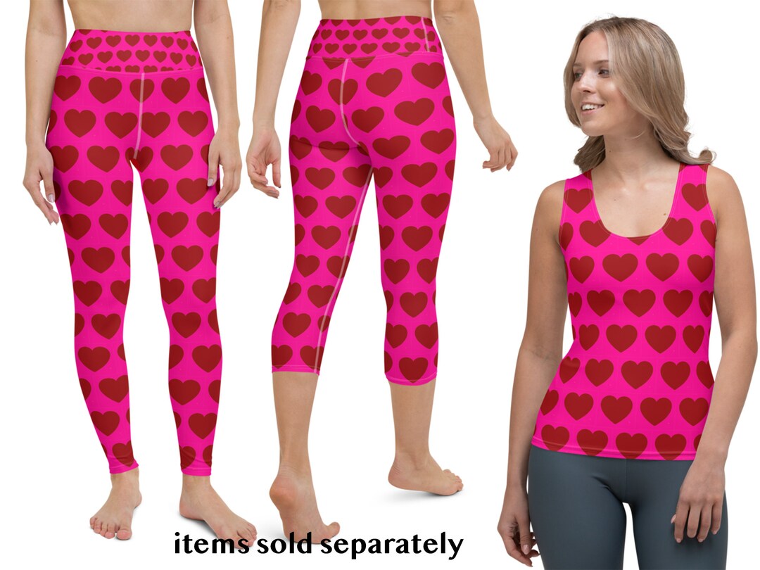 Red Hearts on Pink Outfit Women Activewear Tank Top Leggings Workout Yoga  Valentine's Day Pants Capris Love Running Gift 