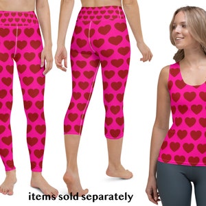 Red Hearts on Pink Outfit Women Activewear Tank Top Leggings  Workout Yoga Valentine's Day Pants Capris Love Running Gift