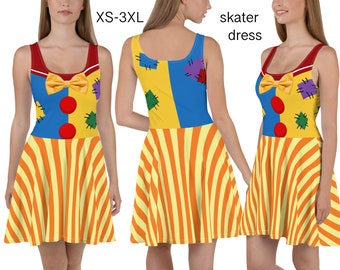 Clown Dress Women Circus Skater Fitted Halloween Striped Costume Cosplay Patched Bow Tie Colorful Fun Outfit Party Running Birthday Gift