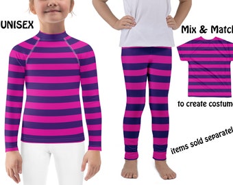 Pink Purple Striped Cat Costume Kids Halloween Cosplay Children Leggings Rash Guard Shirt Toddler Birthday Activewear Outfit