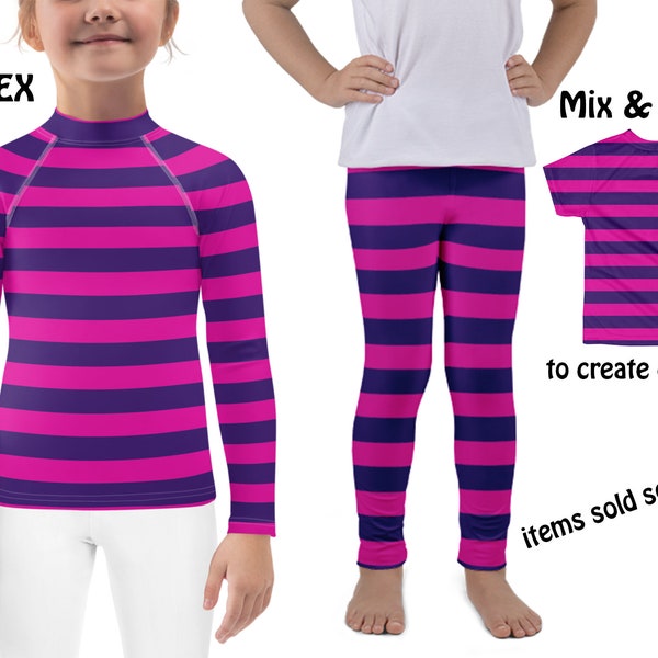 Pink Purple Striped Cat Costume Kids Halloween Cosplay Children Leggings Rash Guard Shirt Toddler Birthday Activewear Outfit