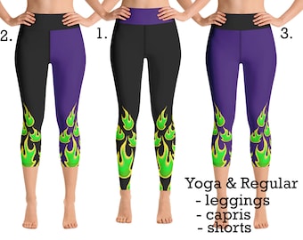 May include: Three pairs of leggings with a green and yellow flame pattern. The leggings are available in black, purple, and a combination of black and purple. The text "Yoga & Regular - leggings - capris - shorts" is at the bottom of the image.