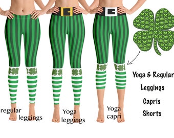 Lucky Leprechaun Athletic Leggings Women Yoga Workout Striped St. Patricks Pants Irish Shamrock Sports Four Leaf Running Capris Activewear