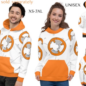 Puede incluir: Sudadera con capucha unisex blanca con capucha y bolsillo naranjas. La sudadera presenta un patrón repetido de diseños circulares naranjas y grises. Tallas disponibles: XS-3XL.