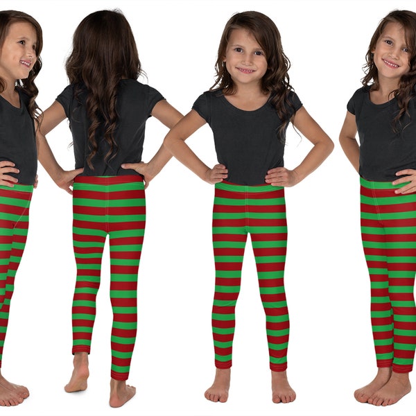 Elf Kids Striped Leggings Christmas Athletic Costume Outfit Toddler Tights Youth Party Cosplay Candy Cane Green Red Birthday Santa Helper