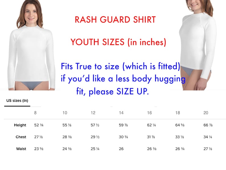 Puede incluir: Una tabla de tallas para una camiseta de protecci&oacute;n contra erupciones para tallas de j&oacute;venes. La tabla muestra las tallas de EE. UU. en pulgadas, de 8 a 20, y las medidas correspondientes para la altura, el pecho y la cintura.