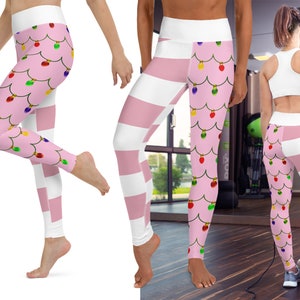 Pink Candy Cane Christmas Workout Leggings Women Stripes Yoga Tree Lights Gift Festive Bubble Gum Running Fitness Outfit Pants  Activewear