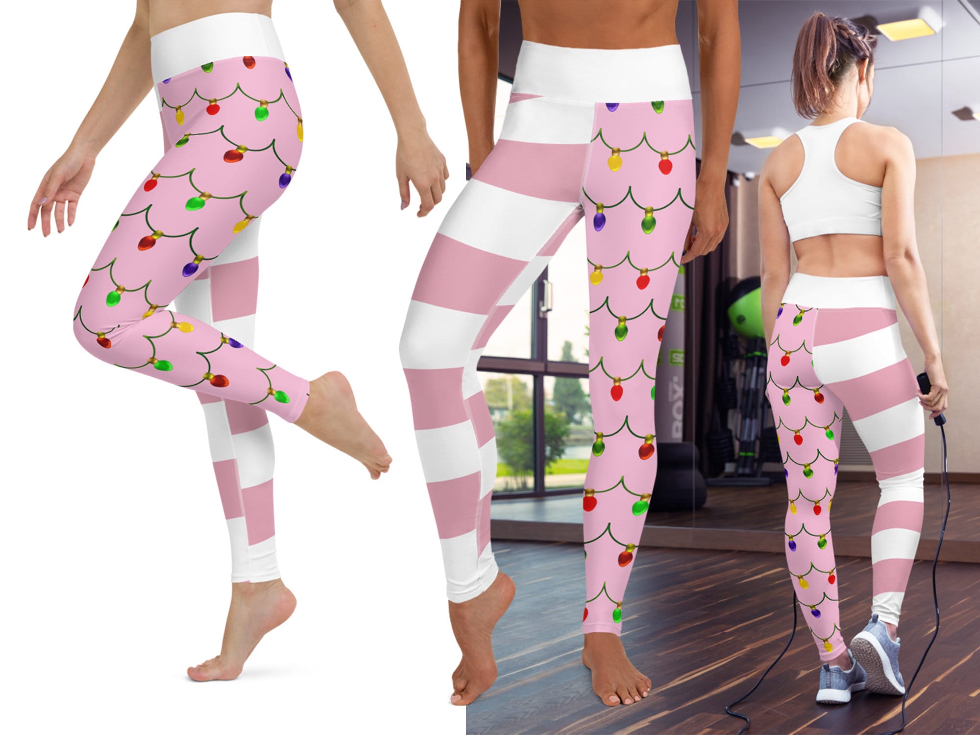 PrintOnBoutique Pink Candy Cane Christmas Workout Leggings Women Stripes Yoga Tree Lights Gift Festive Bubble Gum Running Fitness Outfit Pants Activewear