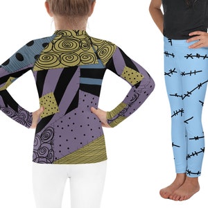 Sally blauw gepatchte lappenpop kinderen kerst kostuum leggings Halloween gestikt peuter outfit Rash Guard shirt cosplay Tee patchwork cadeau