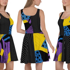 Sally Jack Half Half Skater Dress Women Halloween Christmas Patchwork Costume Running Patched Striped Outfit Gift Party