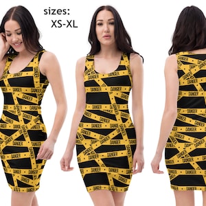 Danger Ribbon Dress Halloween Women Cosplay Warning Skirt Fitted Mini Costume Yellow Road Black Outfit Spandex Soft Stretchable Party Gift