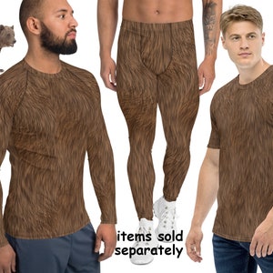 Brown Furry Animal Print Bear Activewear Halloween Costume Men Meggings Rash Guard Shirt Athletic Spandex Pants Cosplay Running Outfit