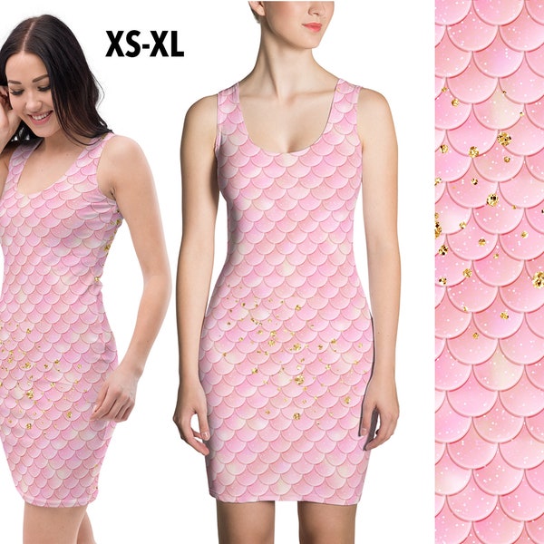 Pink Mermaid Dress Woman Fish Skin Scales Print Fitted Cosplay Halloween Spandex Bodycon Party Gift