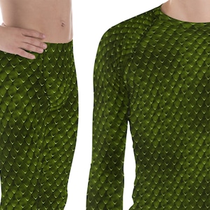 Green Lizard Dragon Scales Print Costume Men Rash Guard Shirt Meggings Pants Cosplay Halloween Outfit Reptile Surfing Activewear Swimwear