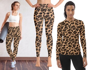 Leopard Athletic Costume Women Halloween Yoga Leggings Rash Guard Shirt Animal Print Running Safari Cat Activewear Party