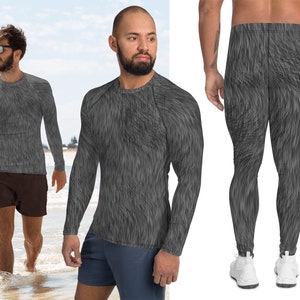Wolf Costume Activewear Man Werewolf Gray Furry Print FurSuit Cat Rash Guard Shirt Meggings Spandex Halloween Animal Pants Cosplay Party