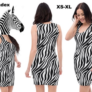 Zebra Print Dress Woman Bodycon Tank Pencil Spandex Halloween Costume Striped Animal Pattern Cosplay Safari Fitted Party