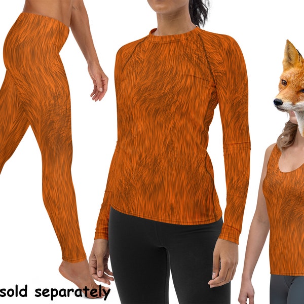 Orange Fox Fur Spandex Costume Leggings Women Furry Print Athletic Animal Cosplay Yoga Workout Halloween Running Rash Guard Activewear Tank